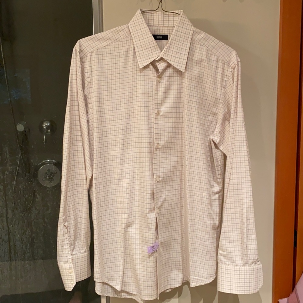 Boss checked dress shirt. Off white/black/camel.